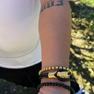 $130 ANTHONY JACOBS MEN DRAGON HEAD GOLD PLATED STAINLESS STEEL LEATHER BRACELET